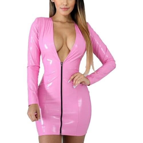 Tight Hip Women Glossy Sexy Dress Deep V Neck Long Sleeve Slim Faux Leather Dress for Party платье летнее женское2021