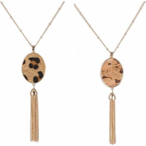 Leopard Print Oval Pendant Necklace Gold Links Tassels Long Chain wood grain Necklaces designer brand Jewelry
