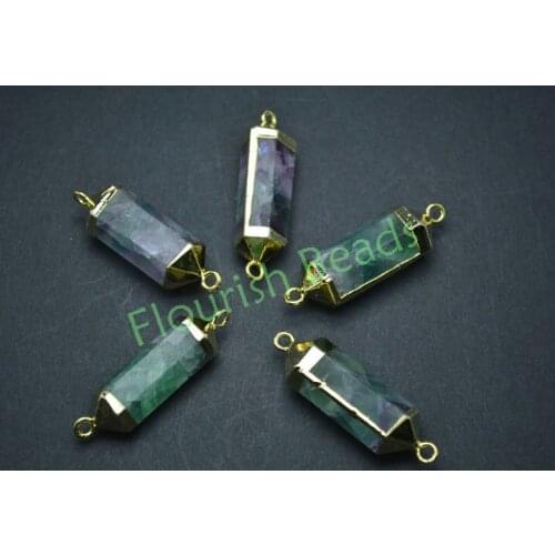 Natural fluorite stone two loops jewelry connectors gold plating color cylinder shape pendant necklace links free shipping