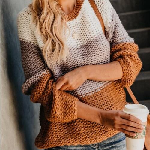 2021 Autumn Winter New Fashion Femme Jumpers Thick Line Color-blocking Pullover Sweater Loose Comfortable Women Knitted Sweaters