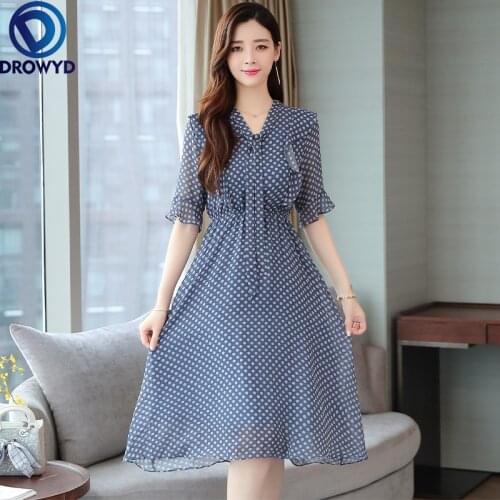 Chiffon Fashion Dot Women Dress Bow Neck Flare Sleeve Summer Elegant Casual A-line Dress Woman Lady Office Dress 2021 Vestidos
