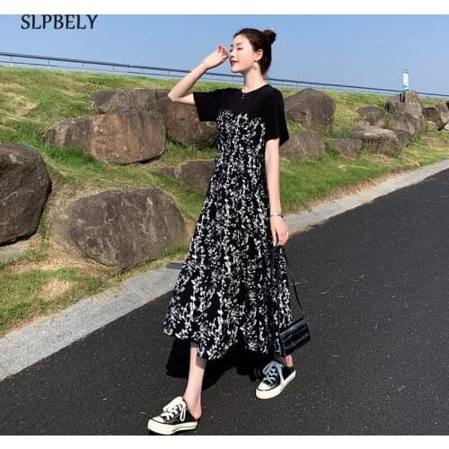 SLPBELY Women Retro Floral Dress Summer Casual O-Neck Short Sleeved Midi Dress Female Elegant A-Line Black Dress Vestido 3XL NEW
