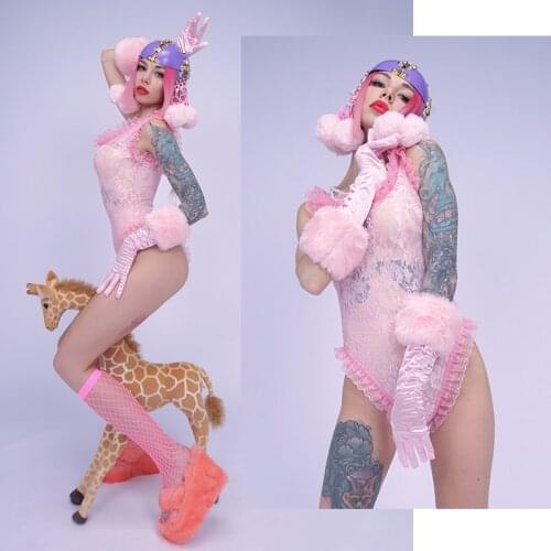 Gogo Dancer Costume Lace Bodysuit Stage Costume Pole Dancing Wear Lady Gaga Costume DJ DS Clubwear Festival Clothing DL8278