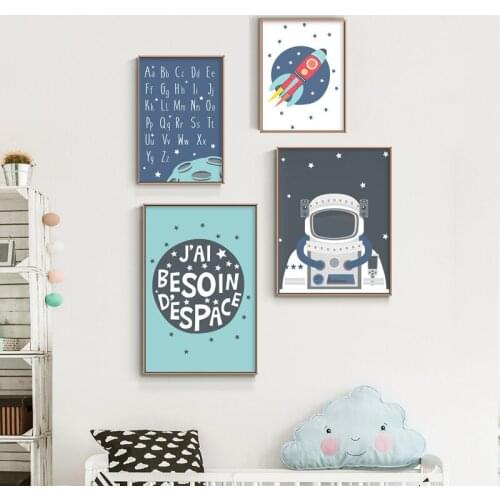 Cartoon Space Theme Astronaut Space Rocket Baby Nursery Wall Art Canvas Poster Scandinavian Print Painting Kid Boy Room Decor