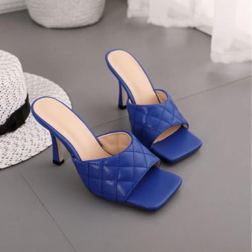 Fashion PU Leather Slippers Women Plus Size Outside Summer Solid Sewing Spike Heels Square Toe Pumps Shoes Casual Zapatos 35-42