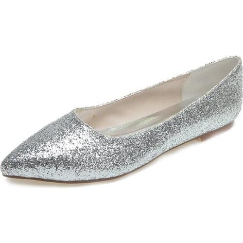 Silver 3D glitter pointed toe flats woman Casual neutral theme wedding bridal shoes party cocktail nightclub lady shoes size 37