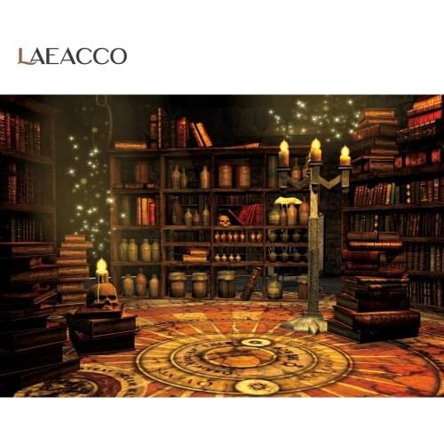 Vinyl Background Old Libraray Candy Pumkin Mystery Cab Skull Candle Glitter Star Interior Photocall Photographic Backdrop