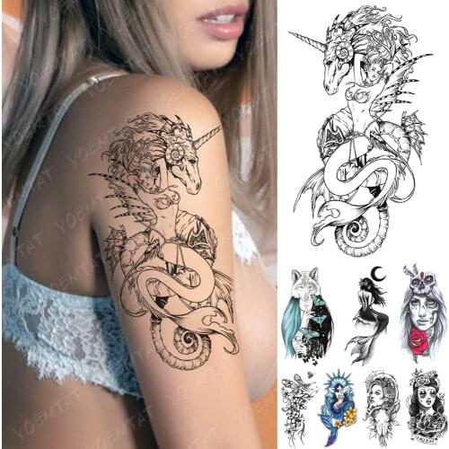 Waterproof Temporary Tattoo Sticker Mermaid Doll Girl Tattoos Butterfly Wolf Skull Body Art Arm Fake Sleeve Tatoo Women Men