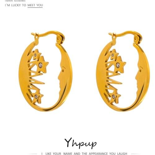 Yhpup Stainless Steel Star Moon Hoop Earrings Trendy Gold Metal Texture Waterproof Jewelry Earrings Aretes De Mujer Gift 2021