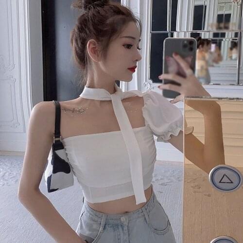 Summwe Women White T Shirt Chic One-Shoulder Puff Sleeve Halter Top Sexy Slim-fit Tee Shirt Tops
