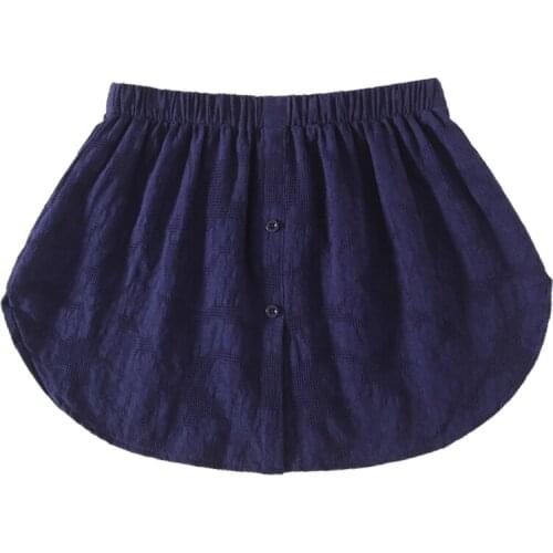 Women Deep Blue Faux Top Lower Sweep Skirt Plaid Grid Jacquard Pattern A-Line Button False Hem Layering Blouse Extenders