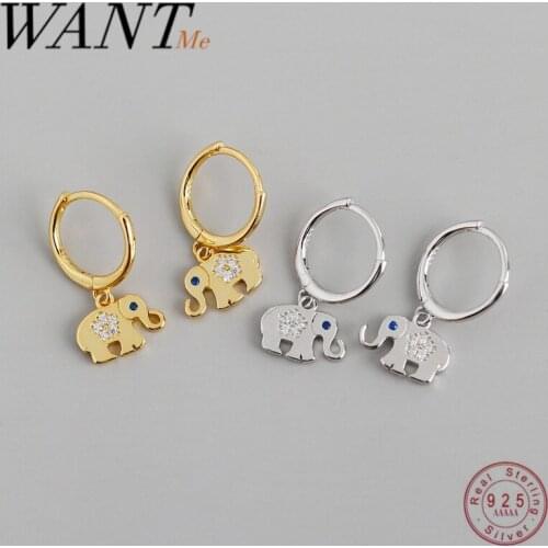 WANTME Classic Lucky Blue Zircon Elephant Stud Earrings for Women Real 100% 925 Sterling Silver Animal Fine Jewelry Accessories