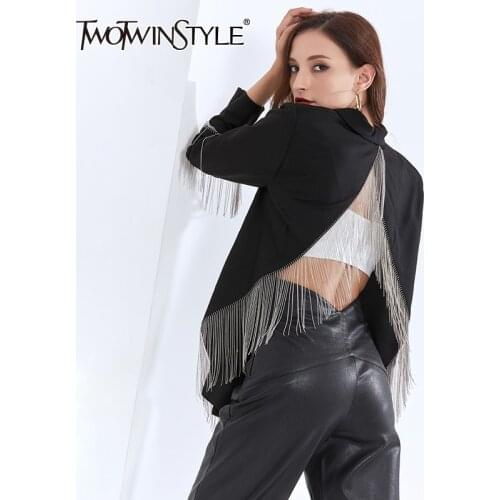 TWOTWINSTYLE Patchwork Tassel Blazer For Women Notched Collar Long Sleeve Back Split Designer Black Coats Female 2020 Clothing