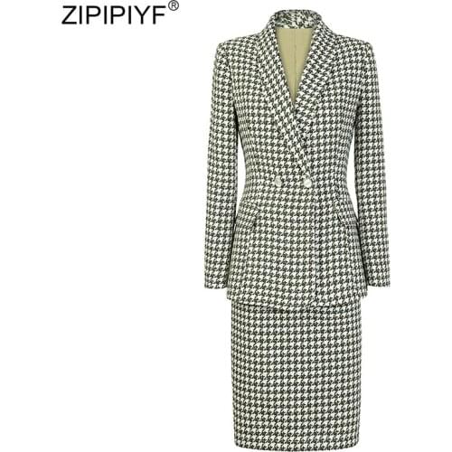 2020 Fashion Women Elegant Woolen 2 Piece Sets Spring Turn down collar plaid Short Coat High Waist Pencil Skirt Suit