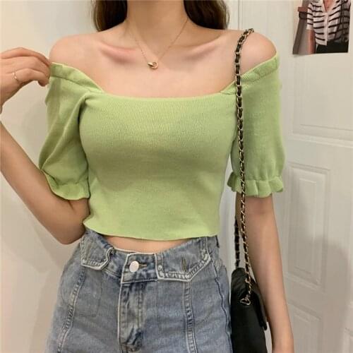 French Design Falbala Short Sleeve Knitwear Off Shoulder Available Slim Square Neck Fit Short Type Womens Top