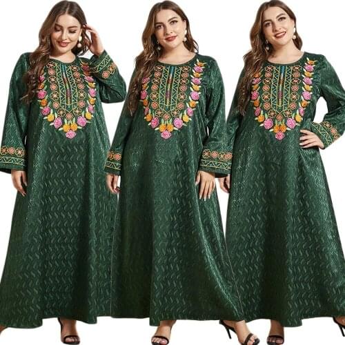Abaya Muslim Women Long Dress Embroidery Maxi Robe Arab Ethnic Loose Casual Middle East Round Neck Kaftan Islamic Ramadan
