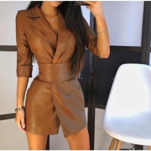 Notched PU Bandage Womens Dress Pure Faux Leather Ladies Jacket-Dress With Belt Spring Autumn Winter Vintage Office Lady Wear