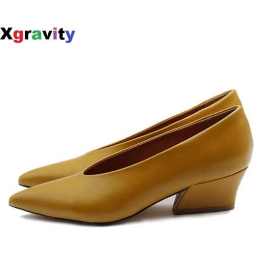 2020 New Autumn Chunky Wedge Shoes Elegant Mid Heeled Lady Fashion Pointed Toe Shoes Womens Genuine Leather OL Footwear C114