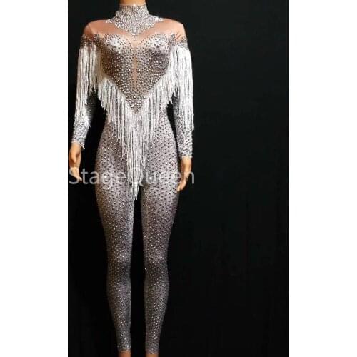 AB Rhinestones Nude Jumpsuit Long Sleeves Stones Bodysuit Performance Party Luxurious Sexy Dance Costume Nightclub DS DJ Outfits