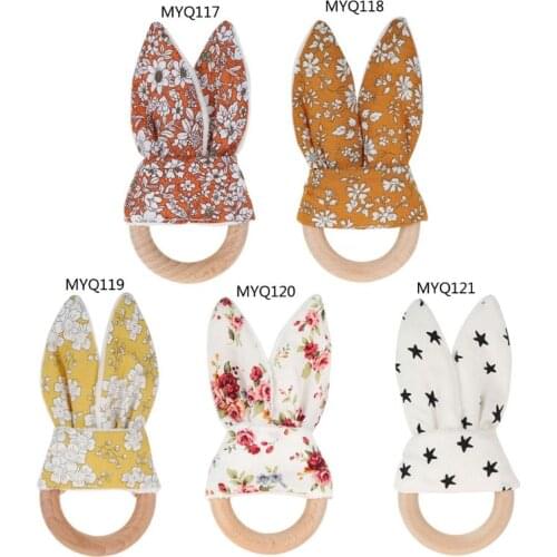 Baby Boy Bunny Ear Teether Safe Organic Wood Teething Ring 7 Color Choice Shower Gifts
