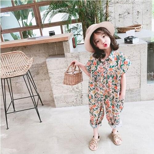 Kids Summer Floral Loose Jumpsuit 3T-8T Girls Fashion Short Sleeves Bodysuit Childrens Garments Cotton Long Pants SA2152