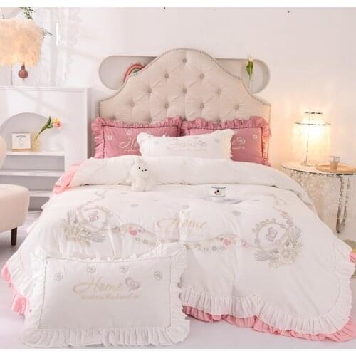 New Luxury White Pink 100% Cotton Love Floral Embroidery Princess Bedding Set Ruffle Duvet Cover Bed Sheet Bed Skirt Pillowcases
