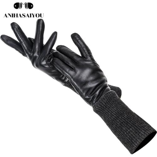 Fashion black womens long gloves, Genuine Leather Keep warm womens leather gloves, Good quality sheepskin womens gloves-7029