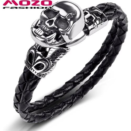 Fashion Men Jewelry Black Double Layer Leather Bracelet Stainless Steel Punk Demon Skull Charm Exaggeration Bangle PS1029
