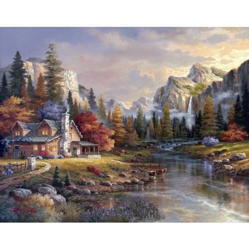 73x56cm Embroidery Mountain Flowing water House Forest Needlework 14CT Unprinted DMC DIY Cross Stitch Kits Handmade Arts