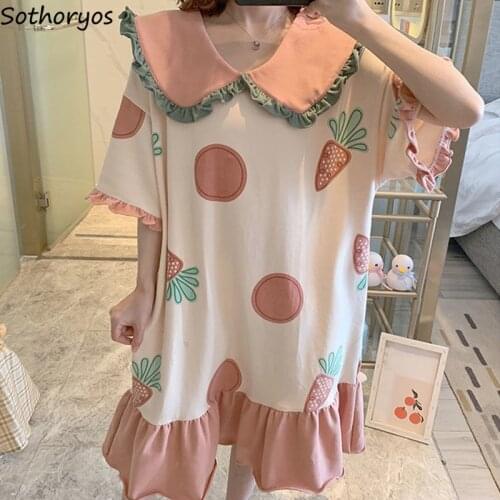 Lovely Nightgowns Short Sleeve Sweet Girls Loose Cozy Printed Ruffles Sleepshirts Large Size M-4XL Students Females Lounge Chic