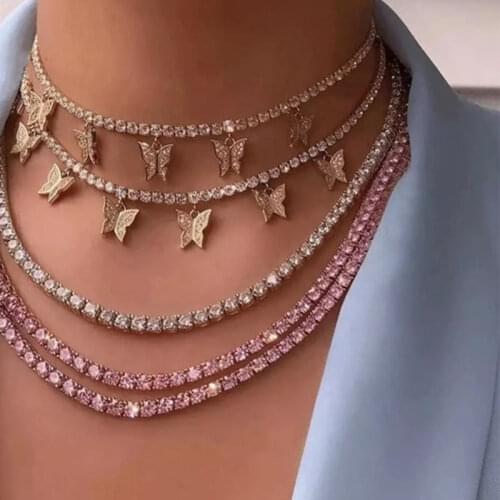 New Fashion Multilayer Butterfly Letter Pendant Necklace For Women Bling Butterfly Rhinestone Chain Choker Necklace Jewelry Gift
