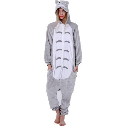 2020 Adults Animal Pajamas Cartoon Sleepwear Totoro Neighbor Pajamas Sets Anime Kigurumi Women Men Warm Flannel Hooded