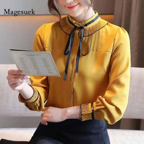 Stand Collar Solid Bow Chiffon Shirt Elegant Fashion Yellow Chiffon Blouse Women Autumn 2020 New Long Sleeve Cardigan Tops 11548