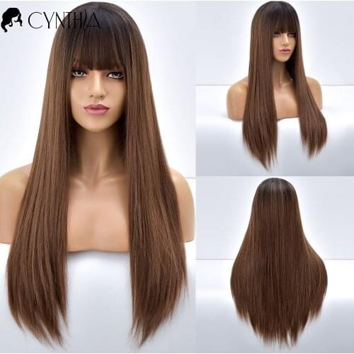 Black To Brown Ombre Long Stright Synthetic Wigs For Black White Women With Bangs Heat Resistant Fiber Hair Cosplay Wig