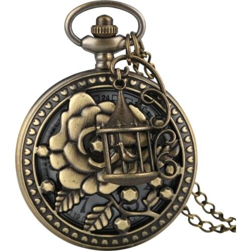 Hollow Flowers/Butterfly Design Quartz Pocket Watch Necklace Birdhouse Pendant Watches Antique Bronze Pocket Clock Gifts