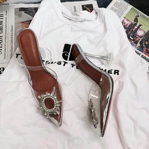 2019 Sexy Women Sandals PVC Transparent High heels Sandals Pointed Toe Rhinestone Crystal Flower Strange Heel Sandals Slides