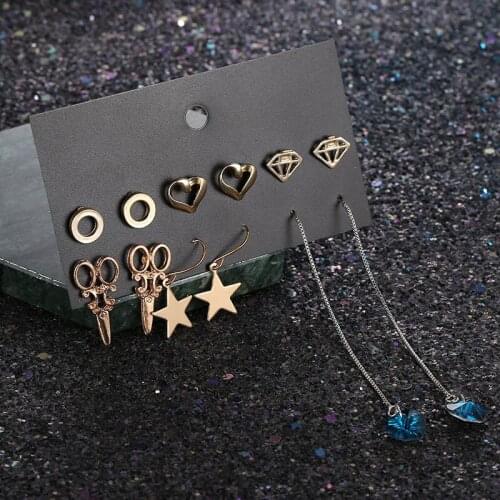 6 Pairs/set Fashion Heart Shape Crystal Rhinestone Stud Earrings Set For Women Girl Trendy Long Tassel Bridal Party Earrings