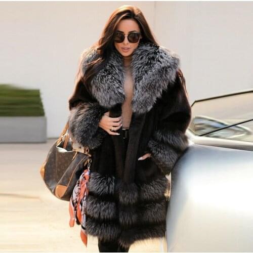Real Mink Fur Coat for Women High Quality 2021 New Full Pelt Genuine Mink Fur Coats with Silver Fox Fur Lapel Collar Outwear