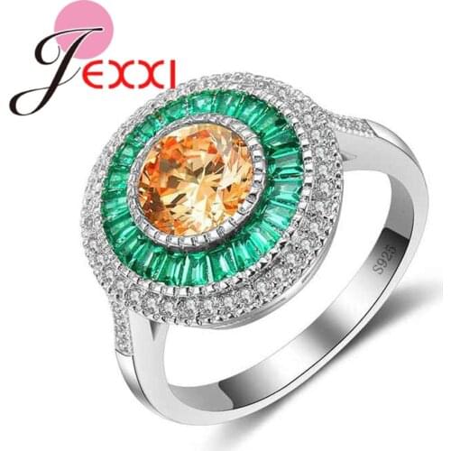 Fashoin Green & Champagne Cubic Zirconia Round Finger Rings 925 Sterling Silver Jewelry for Women Girls Wedding Bague