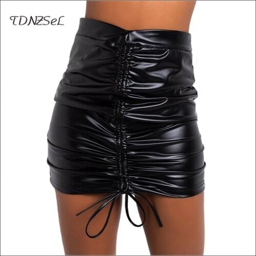 Temperament PU Leather Pleated Hip Skirt Women Fashion High Waist Bodycon Mini Skirts Office Lady Slim Stretch Leather Skirts