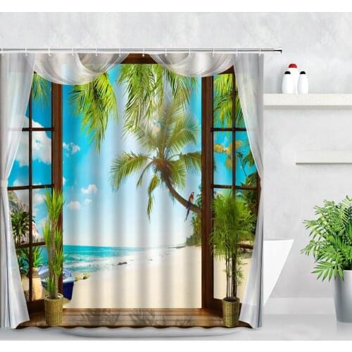Palm Trees Ocean Scenery Shower Curtain 3D Creative Window Parrot Beach Tropical Green Plants Home Decor Hooks Bathroom Curtains