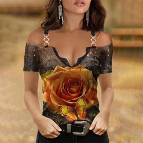 New Summer Fashion Rose Butterfly Women Tank Top Sexy Sling Strapless Plus Size V Neck Short Sleeve Tops Clothing Slim T-shirt