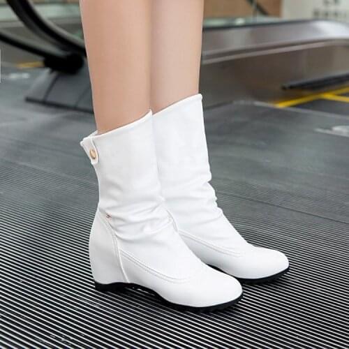 Autumn winter Round Toe Wedge female boots For Women Black Color Female Boots Warm Fur Plush Insole Classic Style Women Shoes