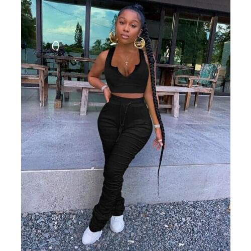 Sexy Summer Clothing Two Piece Set Women V-neck Sleeveless T-shirt stacked leggings Pants sets Club Outfits Streetwear Wholesale