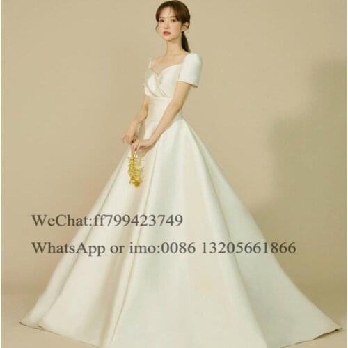 Elegant Short sleeve Wedding Dresses 2021 V Neck Backless Lace Up Long A Line Korea Bridal Gown Robe De Soirée De Mariage