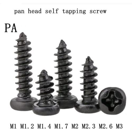 100pcs Black Mini Micro M1 M1.2 M1.4 M1.7 M2 M2.3 M2.6 M3 Phillips Cross Carbon Steel Pan Head Self-Tapping Electronic Screws