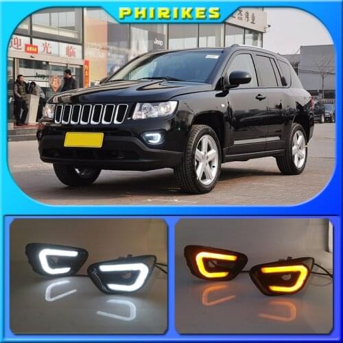 2pcs Car LED Daytime DRL Running Light White+Yellow Side Turning Light Fog Lamp for Jeep Compass 2011 2012 2013 2014 2015 2016