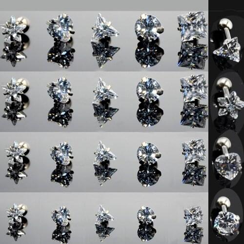 BOG-1PC Hot Sale 16G Round Star Heart Square Triangle Silver Color Zircon Gem Ear Tragus Cartilage Earring Body Piercing Jewelry