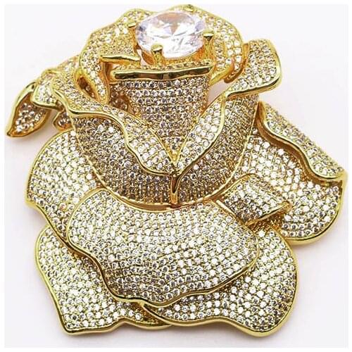Big Top Grade Beautiful Gold Cubic Zirconia Pave Rose Flower Brooch Pin/connectors