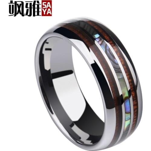 New Arrival 8mm Women Man Silver Tones Tungsten Carbide Rings Inlay Wood and Shells Dome Band Comfort Fit Wedding Band 7-12
